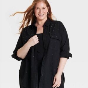 NWT AVA & VIV Long Sleeve Embellished Button Down Black Denim Shirt, Size XXL